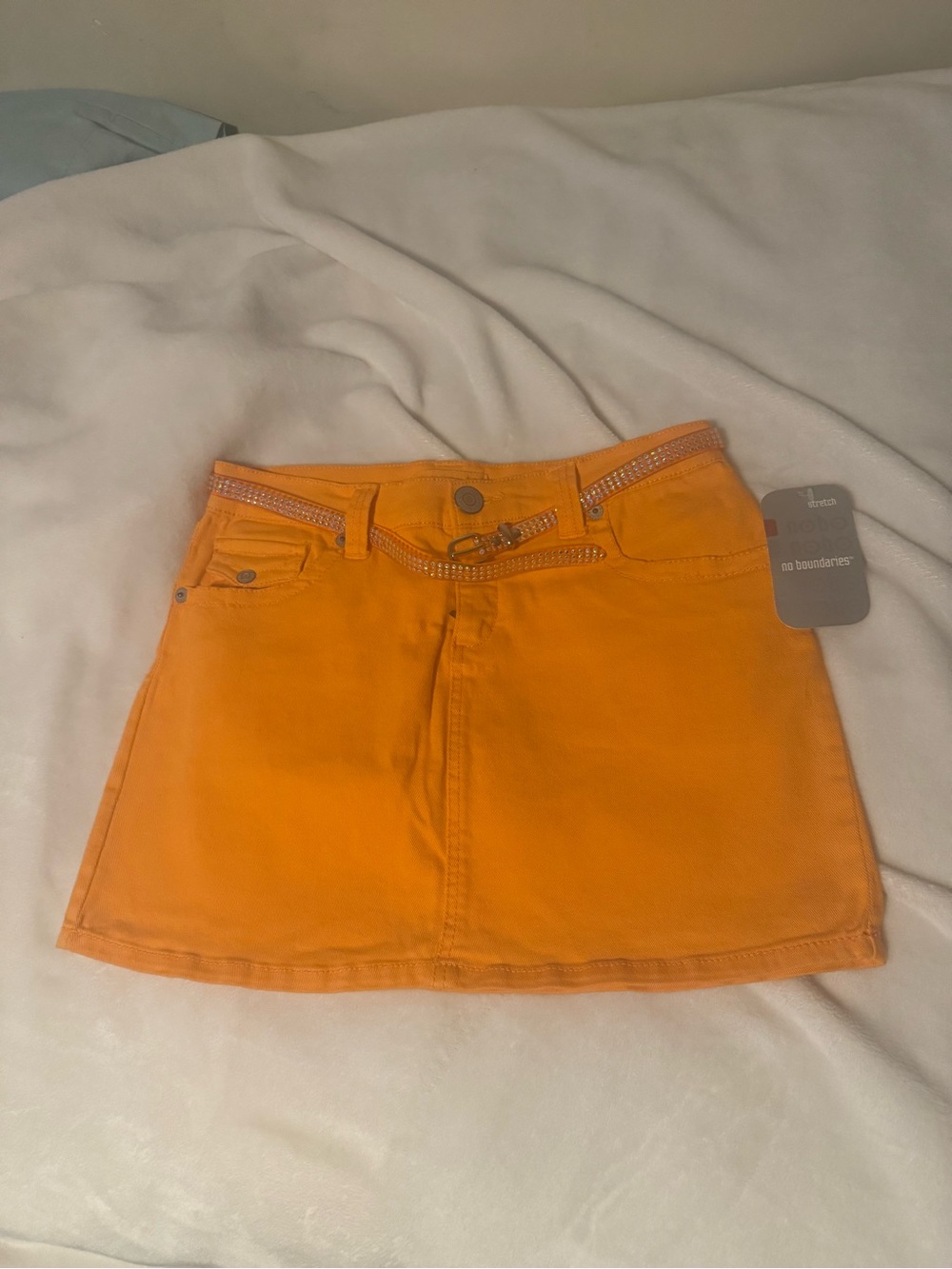 No Boundaries Bright Orange Mini Skirt with rhinestone Belt